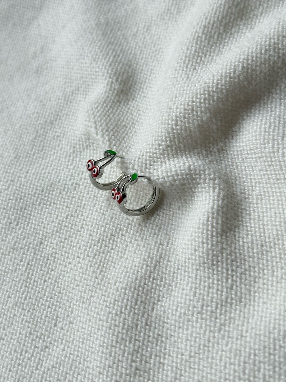Silver Plated Cherry Hoop Earrings for Kids - Red & Green - Picture 2 of 5
